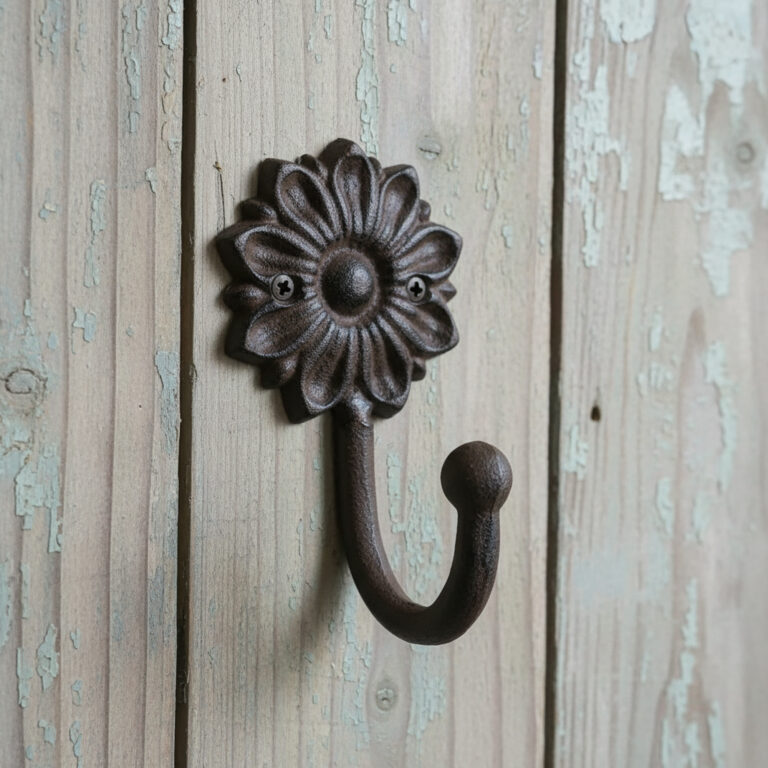 Collectie van landelijke woonaccessoires 7 Gietijzeren haak bloem